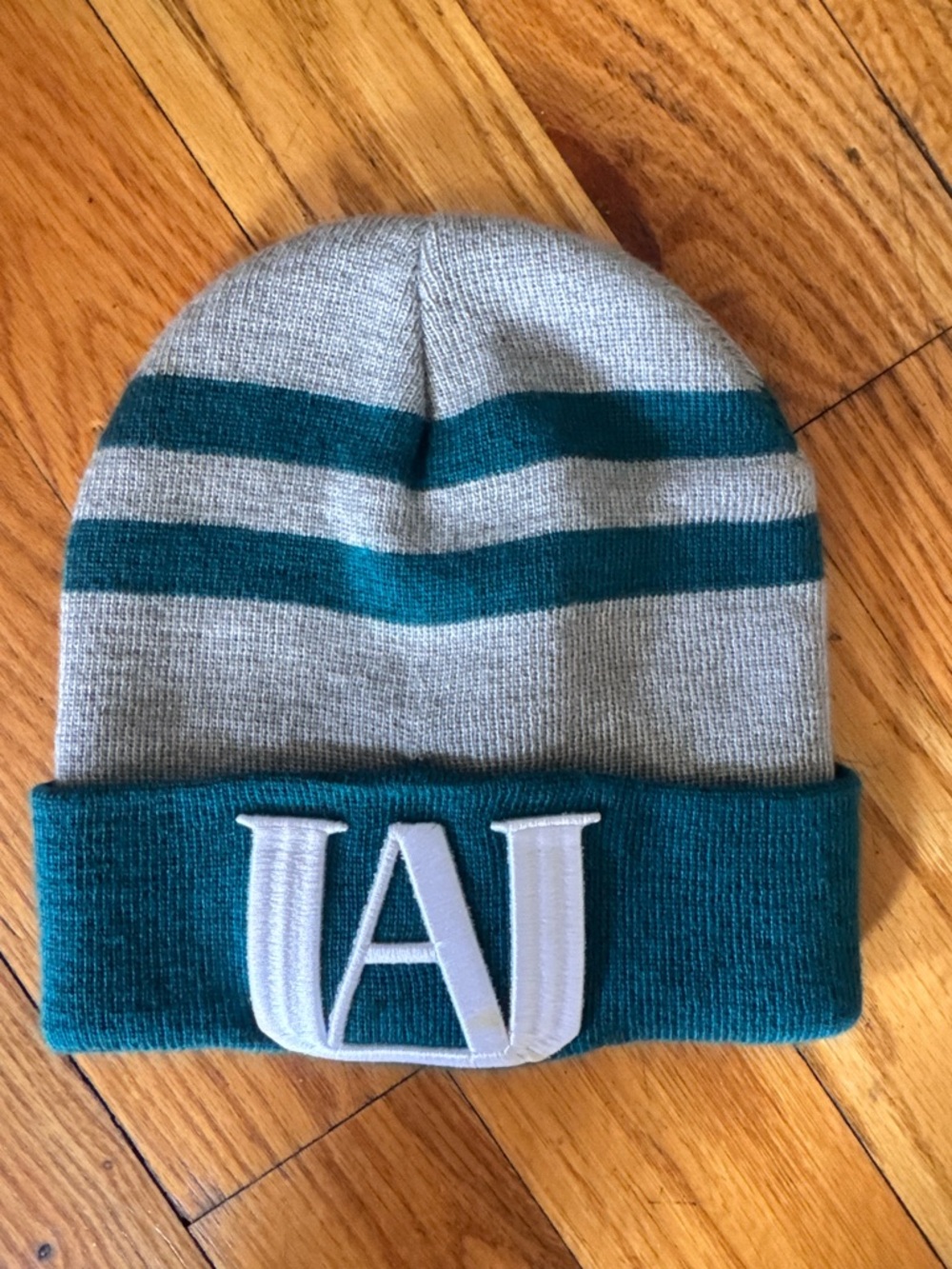 Kids Teal and Gray Striped Knit Beanie with White Patch